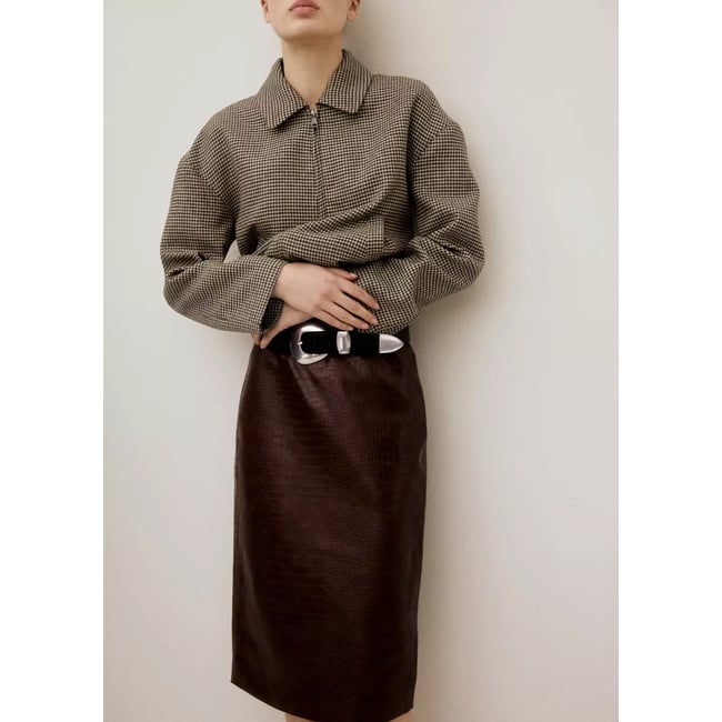 Jupe midi cuir synthétique croco marron <span itemprop=