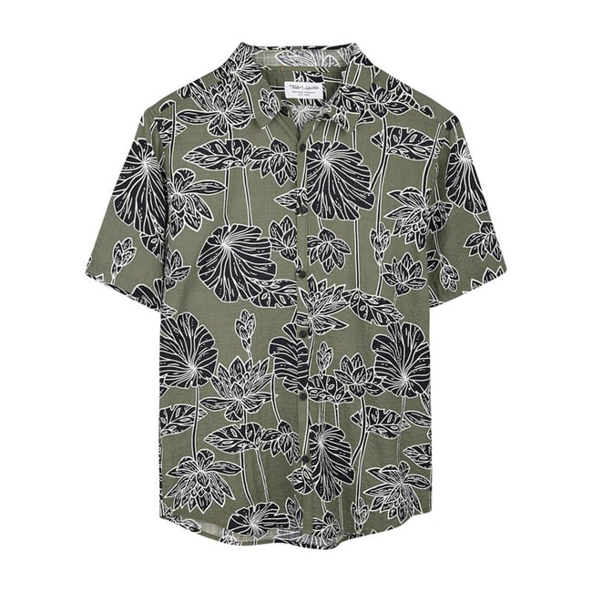 Chemise kaki à coupe droite ornée d'un motif végétal oversize vert <span itemprop=