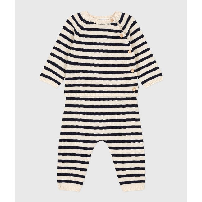 Completo 2 pezzi a righe in maglia ecru/marine PETIT BATEAU