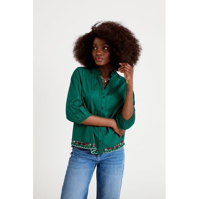 Blouse broderie col v manches 3/4 vert foncé <span itemprop=