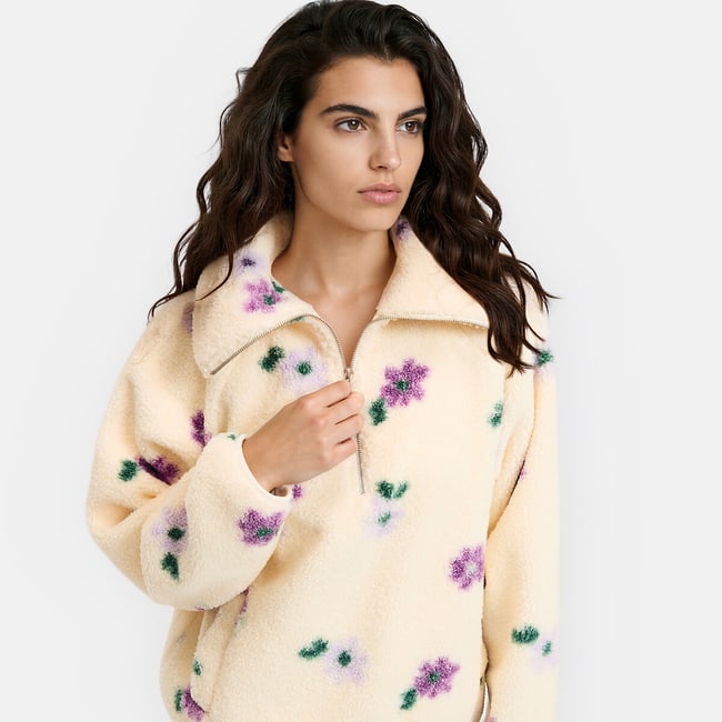 Sweat à col camionneur, en sherpa imprimé floral imprimé fleur <span itemprop=