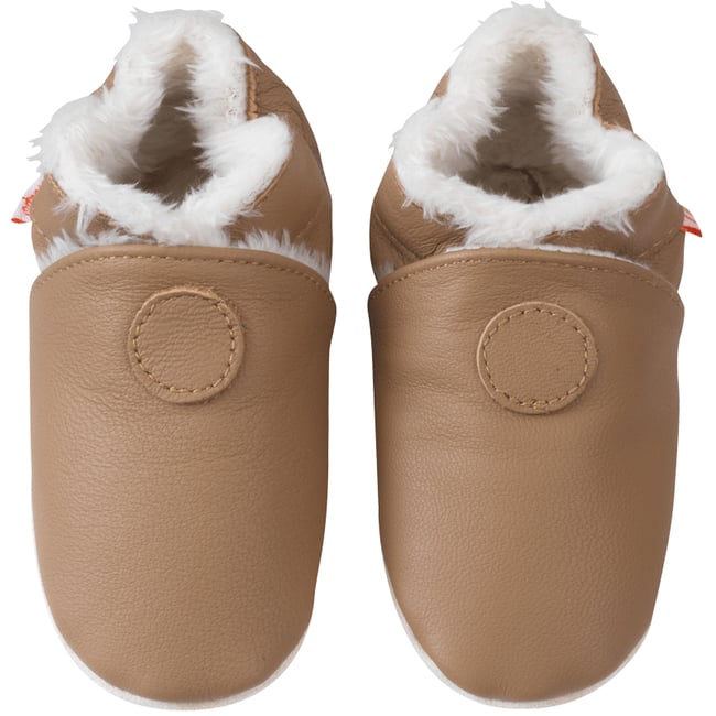 Chaussons cuir souple uni fourrés beige <span itemprop=