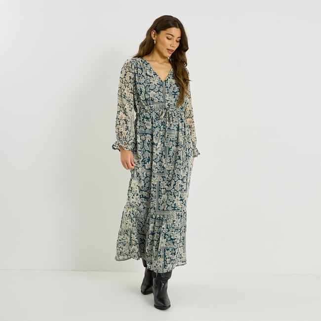 Robe longue habillée à imprimé fleuri vert <span itemprop=