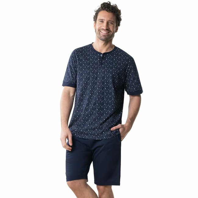 Grandad Collar Short Pyjamas in Printed Organic Cotton, printed + navy, EMINENCE