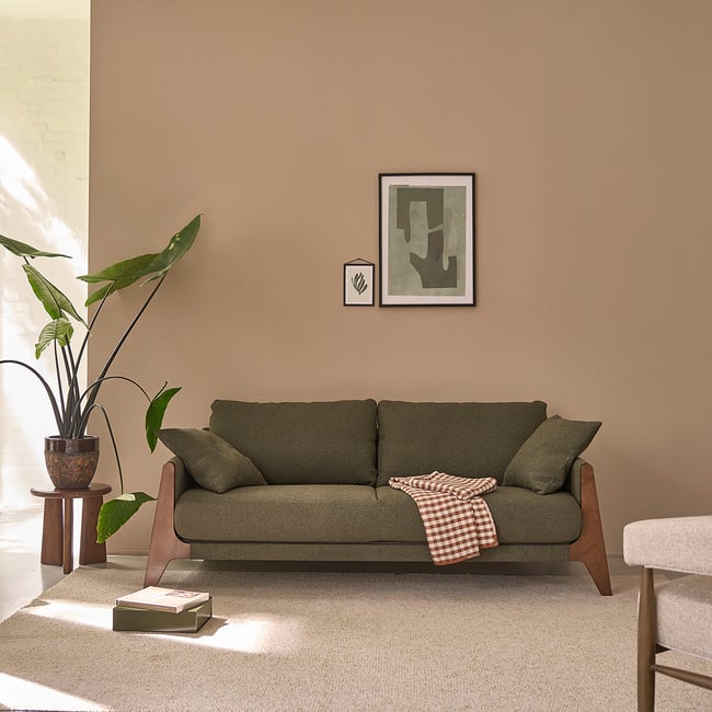 Canapé droit 3 places en bois massif et bouclette  ONDINE Couleur kaki <span itemprop=
