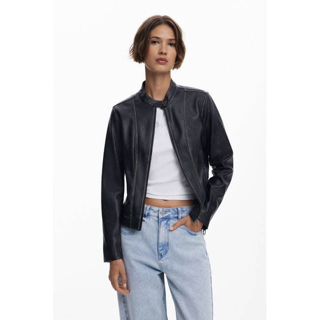 Veste effet cuir usé noir <span itemprop=
