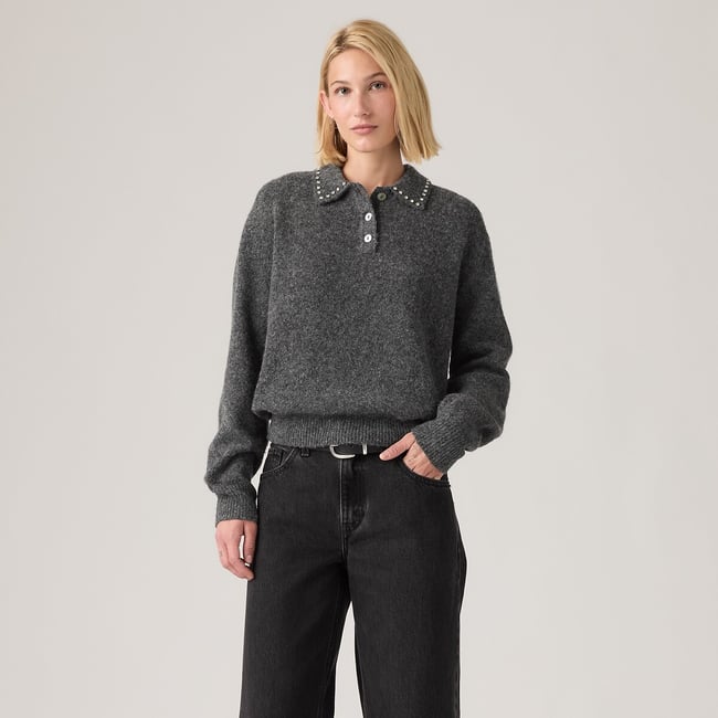 Pull col polo strass manches longues gris foncé <span itemprop=