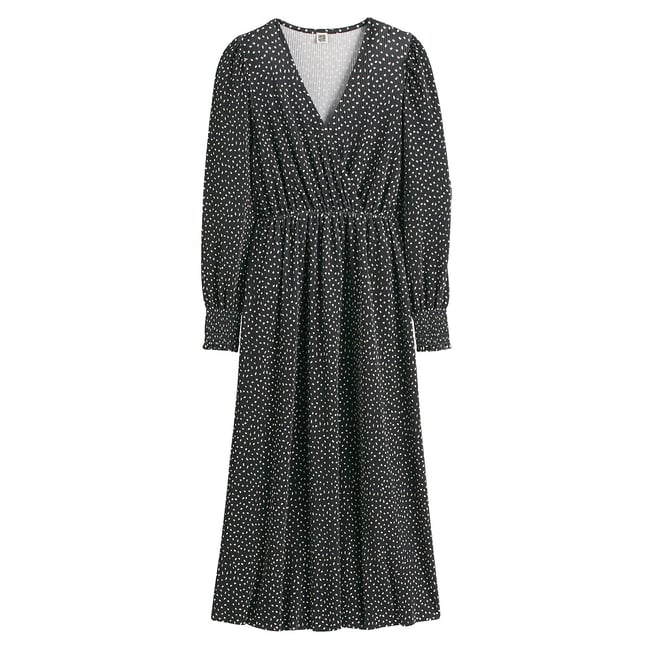 Robe longue cache-cœur, à pois  imprimé pois fond noir <span itemprop=