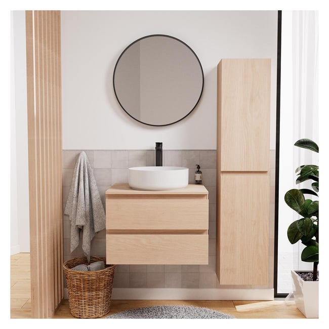 Ensemble meuble simple vasque 60 cm + vasque + robinet + miroir + colonne SORRENTO Couleur chêne <span itemprop=