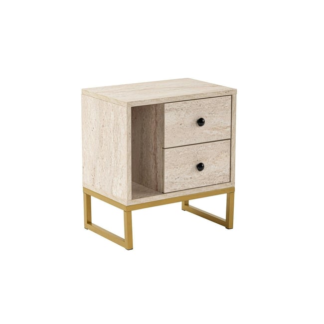 Table de chevet 2 tiroirs 1 niche MARFA Couleur travertin / doré <span itemprop=
