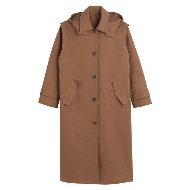 Trenchcoat mit Knopfverschluss & abnehmbarer Kapuze braun camel <span itemprop=