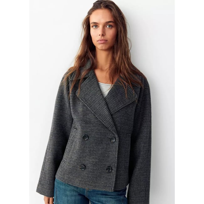Manteau court pied-de-poule, à double boutonnage sable <span itemprop=