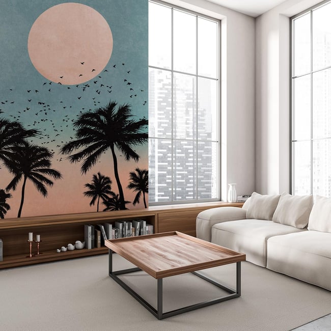 Papier peint graphique soleil rose Couleur intissé <span itemprop=