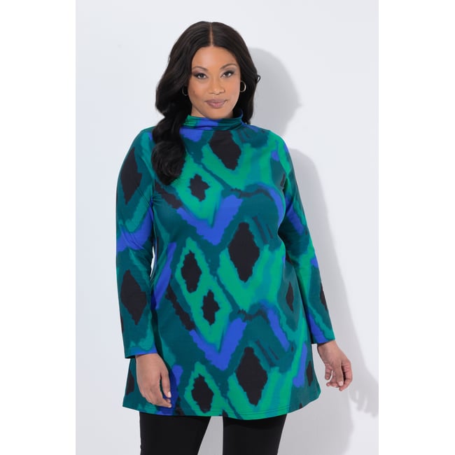 T-shirt long imprimé, col montant vert pétrole <span itemprop=