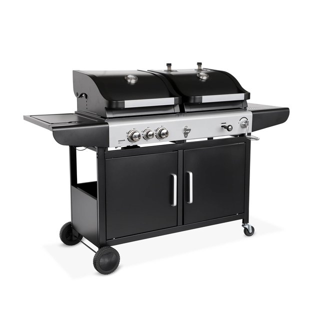 Barbecue 2 en 1 gaz et charbon, 3 brûleurs + 1 feu latéral, grill et fumoir avec tablettes MARSAC noir <span itemprop=