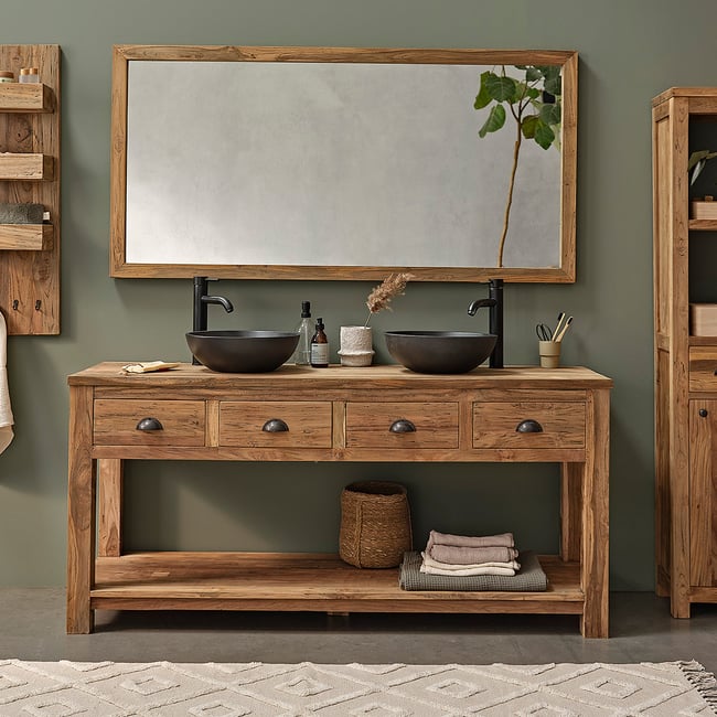 Meuble de salle de bain en teck recyclé massif 165 cm  AUSTIN Couleur naturel <span itemprop=