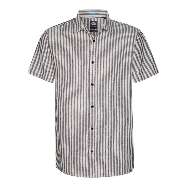 Camisa às riscas, em algodão e linho azul/branco <span itemprop=