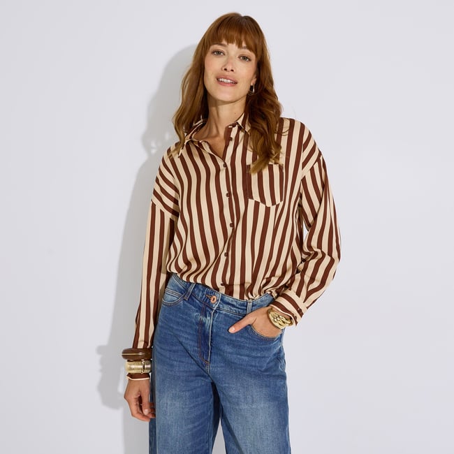 Chemise satinée à rayures marron <span itemprop=