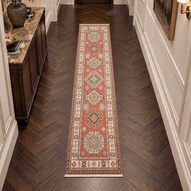 Tapis salon géométrique, noué main en laine, KAZAK CO 54 Couleur rouge, beige, bleu <span itemprop=
