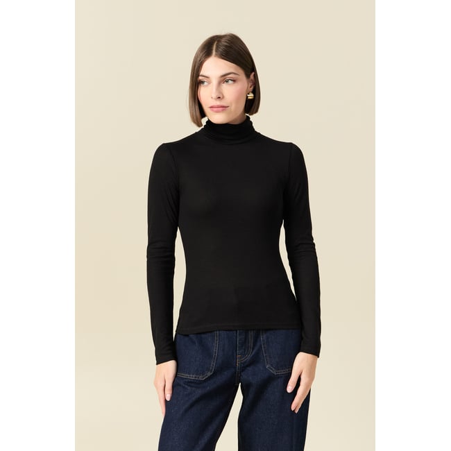 T-shirt cintré manches longues col roulé noir <span itemprop=