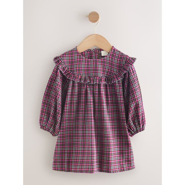 Robe à manches longues et volants violet à carreaux <span itemprop=