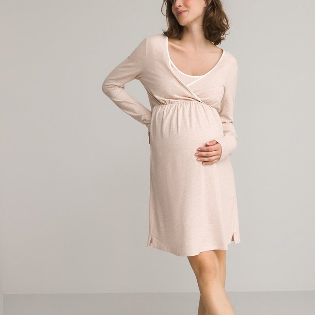 Camisón para embarazo de algodón orgánico beige jaspeado <span itemprop=