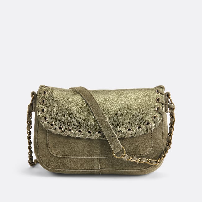 Sac bandoulière en cuir suède Binia kaki <span itemprop=