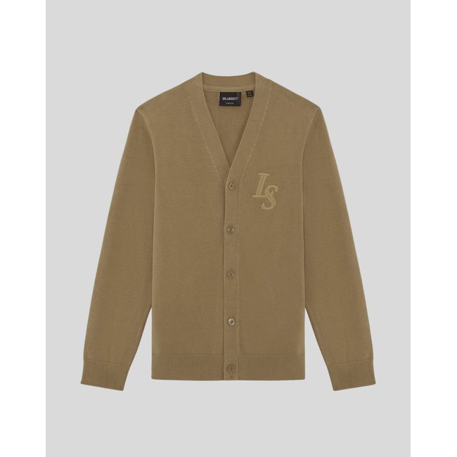 Cardigan L&S monogramme col V brun oeil de tigre <span itemprop=