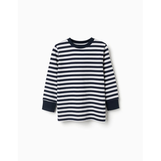 T-shirt en coton à manches longues à rayures bleu foncé <span itemprop=