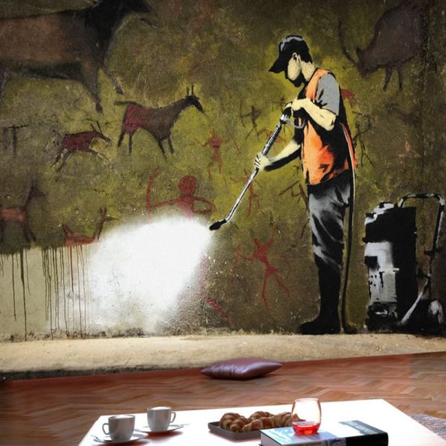 Papier peint intissé panoramique Street art Banksy - Cave Painting Couleur vert <span itemprop=