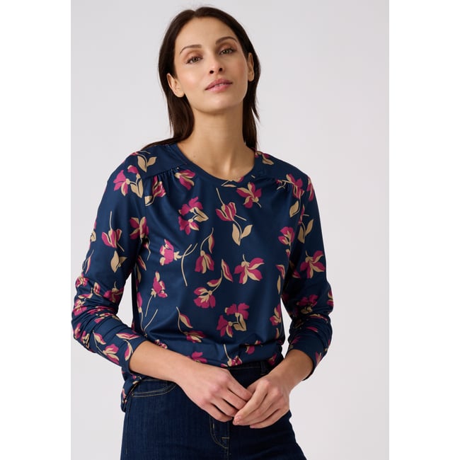 T-shirt maille chaude imprimé végétal bleu marine fleuri <span itemprop=