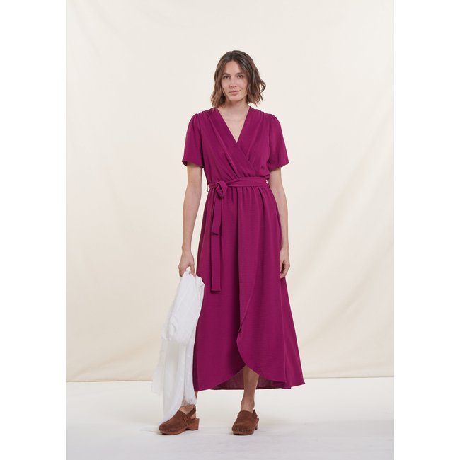 Robe longue faux portefeuille manches courtes violet <span itemprop=