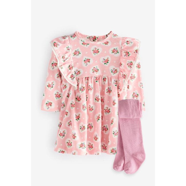 Robe bébé et collants rose motif fleurs <span itemprop=