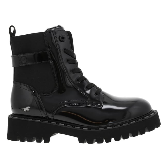Bottines noires vernis à talon décroché bas avec des lacets plats et un zip noires vernies <span itemprop=