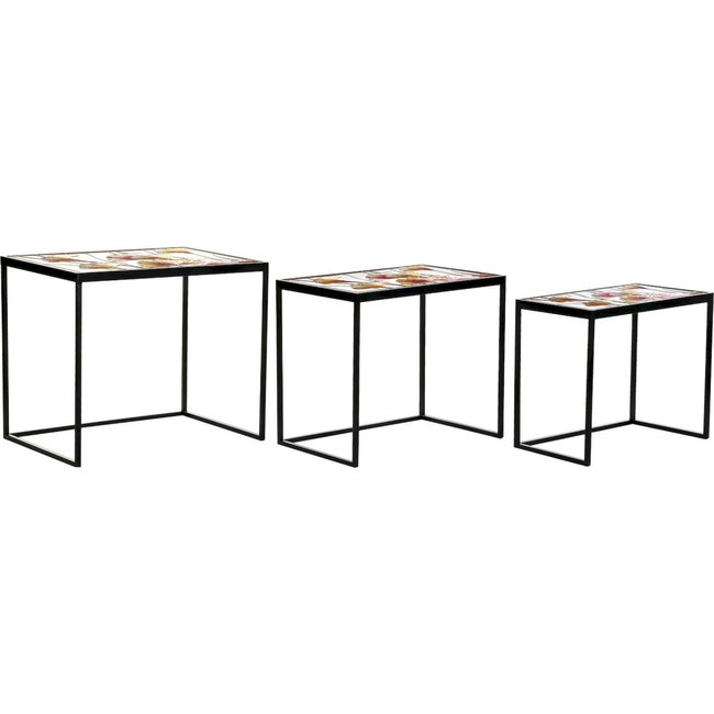 Tables gigognes en métal, Tropical Couleur jaune pastel avec touches de rose et doré <span itemprop=