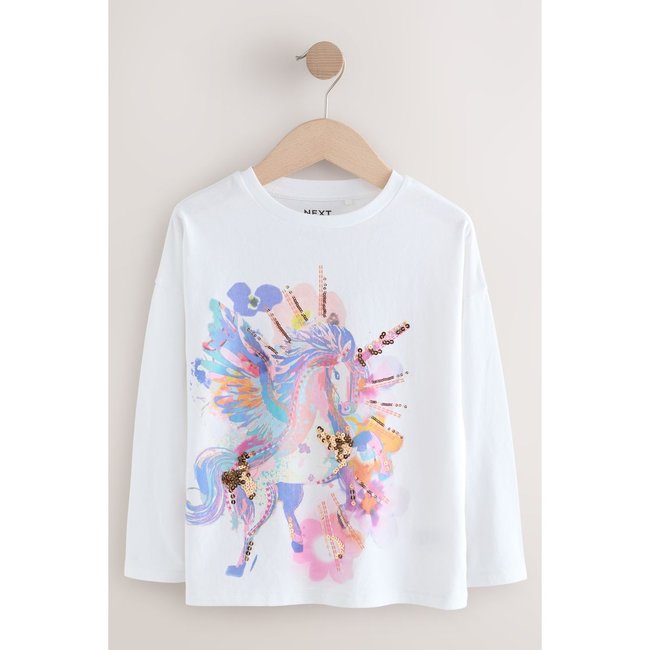 Haut à sequins et manches longues imprimé licorne blanche <span itemprop=