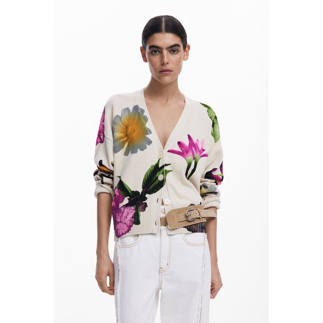 Cardigan à imprimé floral beige <span itemprop=
