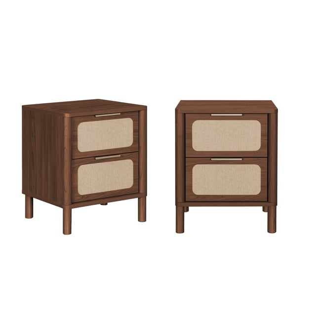 Table de chevet vintage décor bois et cannage 2 tiroirs (lot de 2) ETTA Couleur noyer <span itemprop=