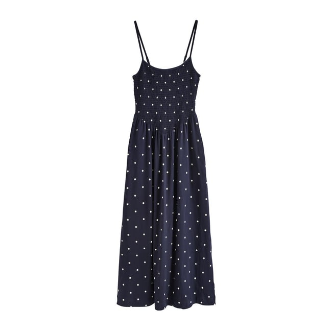 Robe longue froncée à bretelles bleu marine à pois <span itemprop=