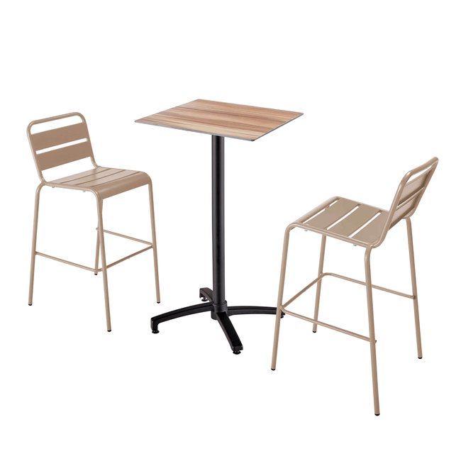 Table haute en HPL inclinable et 2 chaises hautes en métal, OPERA taupe <span itemprop=