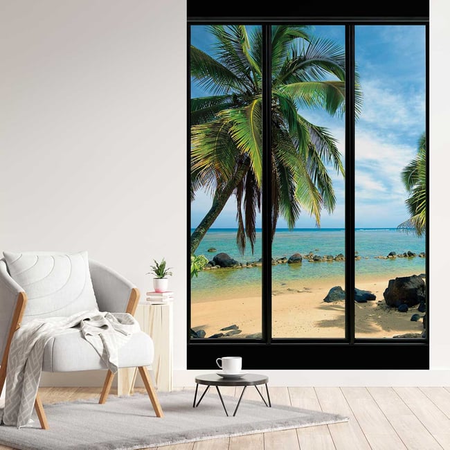 Papier peint, fenêtre sur plage de rêve Couleur turquoise <span itemprop=