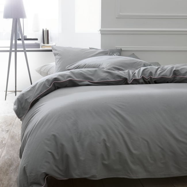 Parure de lit 2 personnes uni coton avec piping PRESTIGE gris <span itemprop=