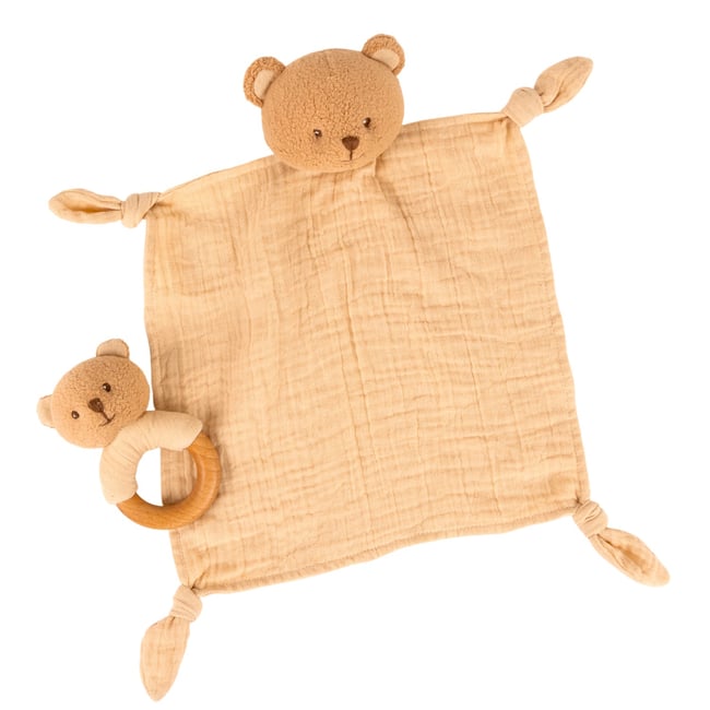 Coffret cadeau doudou et hochet Ours beige <span itemprop=