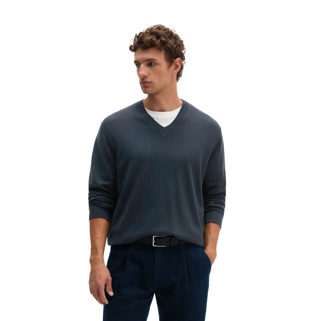 Pull à col en V, coupe classique en laine mérinos fine blaubleu <span itemprop=