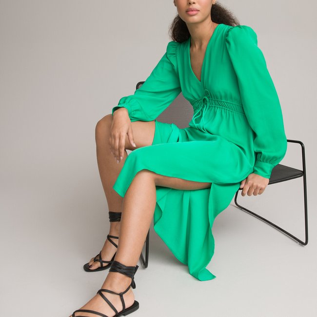 Vestido comprido evasé, mangas compridas verde <span itemprop=