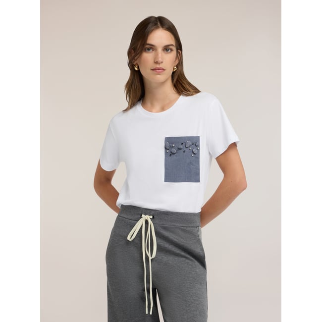 T-shirt avec poche ornée de pierres et strass blanc <span itemprop=