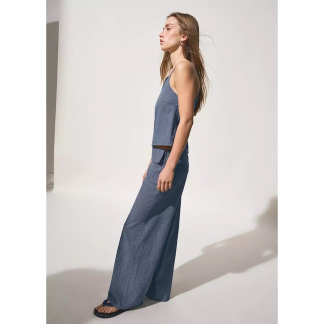 Jean wide leg à rayures taille à revers bleu foncé <span itemprop=