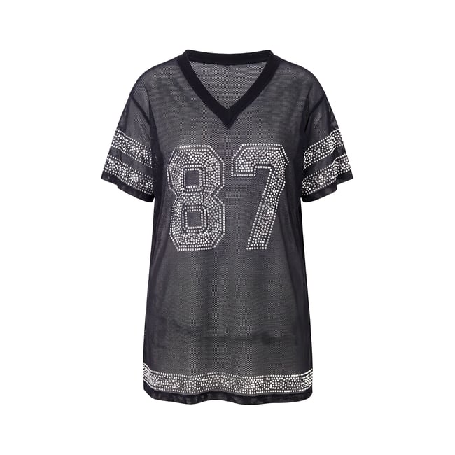 Maillot, t-shirt, mesh oversize, strass noir <span itemprop=