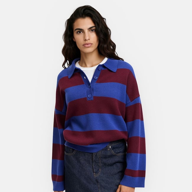 Pull col polo à rayures  rayé bordeaux/bleu <span itemprop=