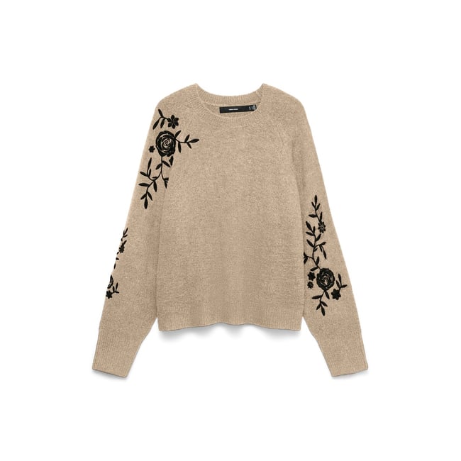 Pull manches longues à détails broderie beige <span itemprop=